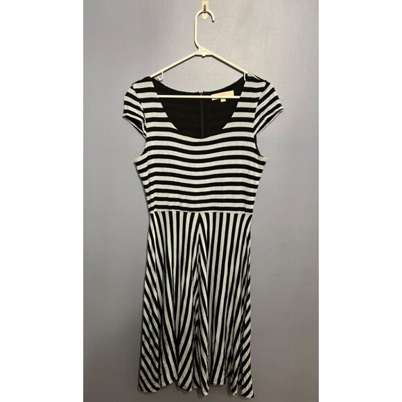 Women’s LOFT Cap Sleeve Light+Dark Blue Stripped Midi Dress SZ Med Jersey Knit - Picture 1 of 9